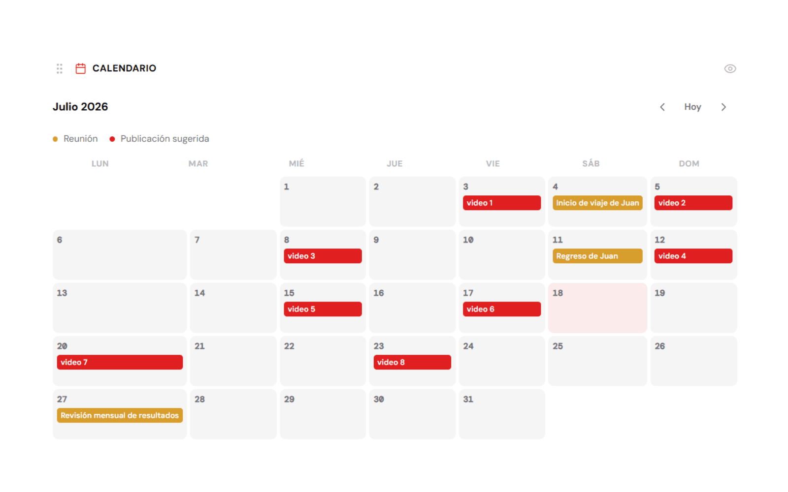 Calendario editorial del Portal del Cliente.